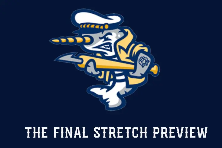 Sports mascot holding bat above Final Stretch